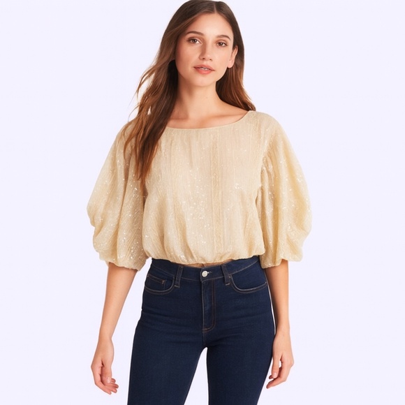 Endless Rose Cream Sequin Bubble Hem Puff Sleeve Blouse size M - Picture 1 of 9